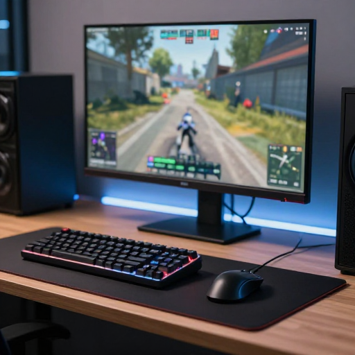 Esports desk setup showing mousepad, keyboard, and monitor for FPS aiming